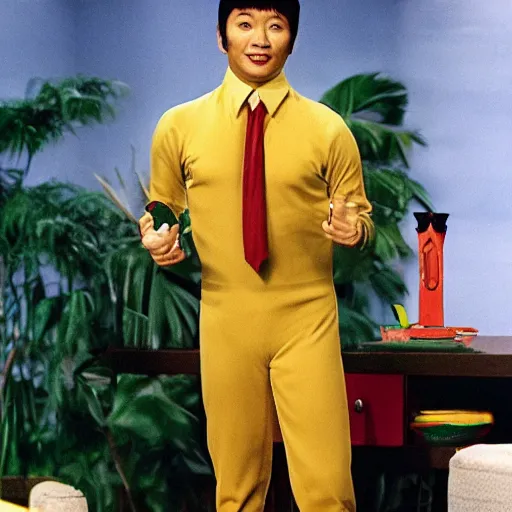 Image similar to an asian guys in a 1970 bastman costume tv show