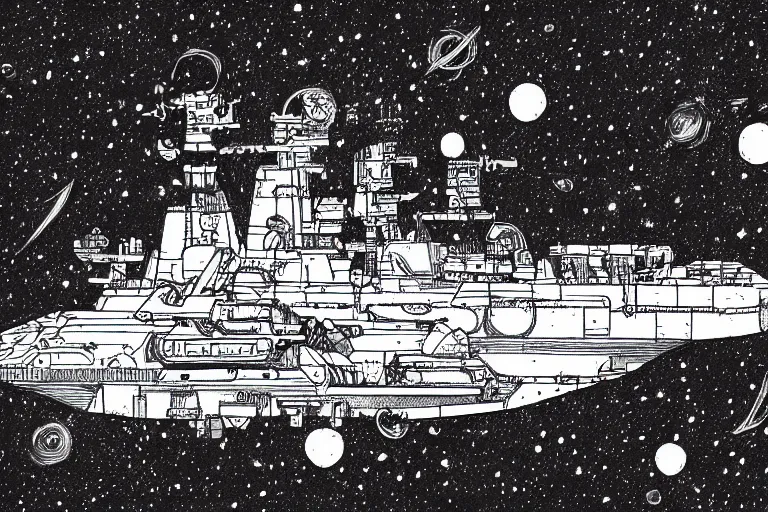 Image similar to space exploring battleship , beautiful line art, ink illustration, sketch, pure b&w