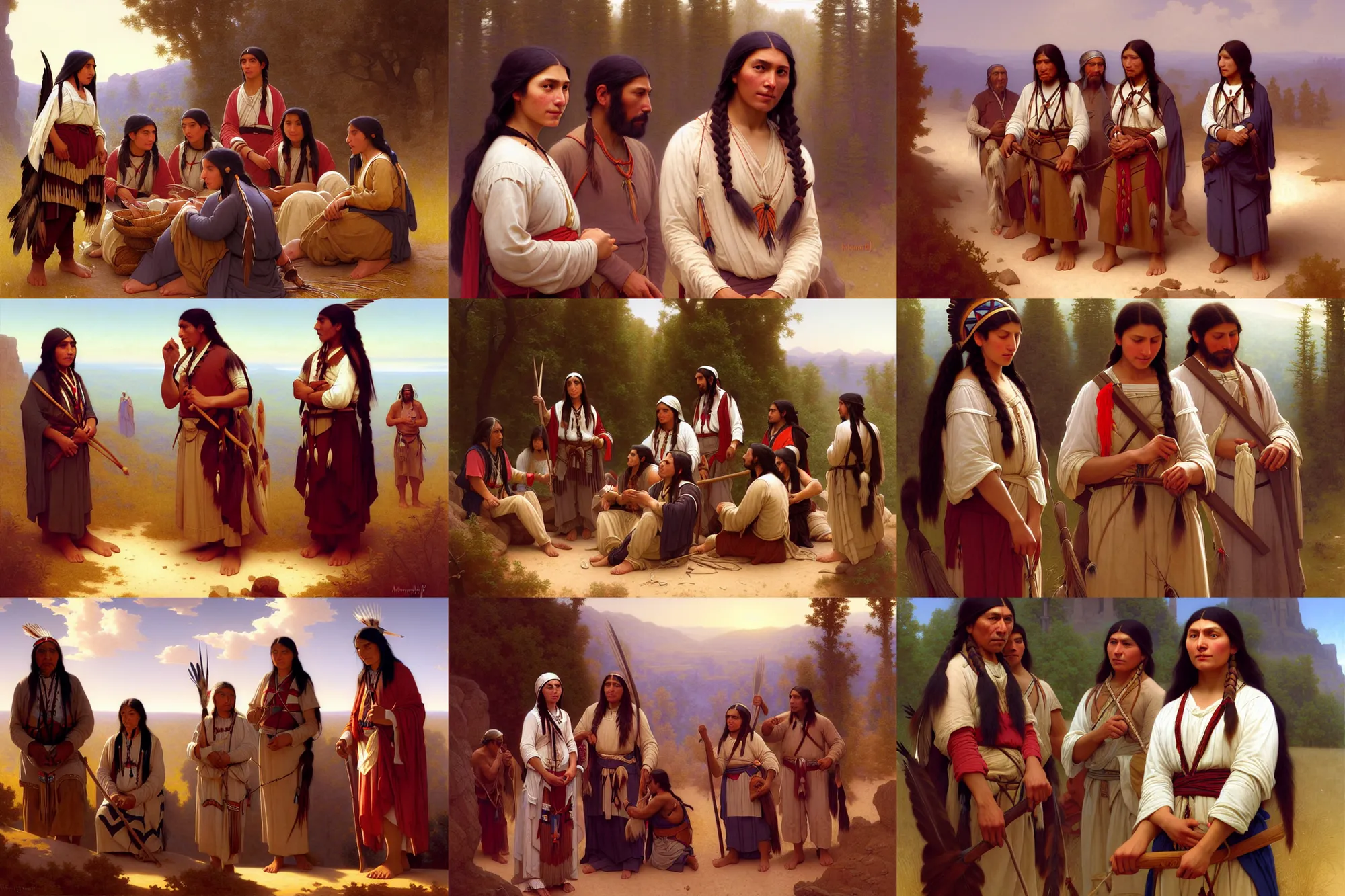 Prompt: depiction of native americans and pilgrims working together, illustration by mandy jurgens and william adolphe bouguereau, artgerm, 4 k, digital art, surreal, highly detailed, artstation, digital painting, concept art, smooth, sharp focus, illustration by mandy jurgens and william adolphe bouguereau