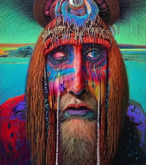Image similar to Portrait painting in a style of Beksinski mixed with Alex Grey of an old shaman dressed in a colorful traditional clothes. Very psychodelic