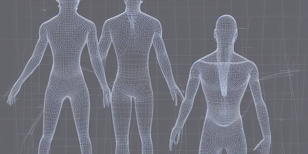 Image similar to highly detailed schematic, technical drawing, orthographic view, 3d wireframe, glowing vector, human body, blender screenshot