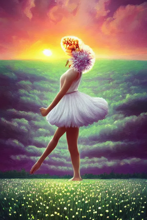 Image similar to veil of giant white daisy flower as head, girl dancing in a flower field, surreal photography, sunrise, dramatic light, impressionist painting, colorful clouds, digital painting, artstation, simon stalenhag