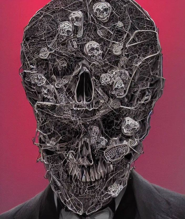 Image similar to portrait of a skull in a suit. intricate abstract. intricate artwork. nightmare fuel. by Tooth Wu, wlop, beeple, dan mumford. octane render, trending on artstation, greg rutkowski very coherent symmetrical artwork. cinematic, hyper realism, high detail, octane render, 8k, iridescent accents