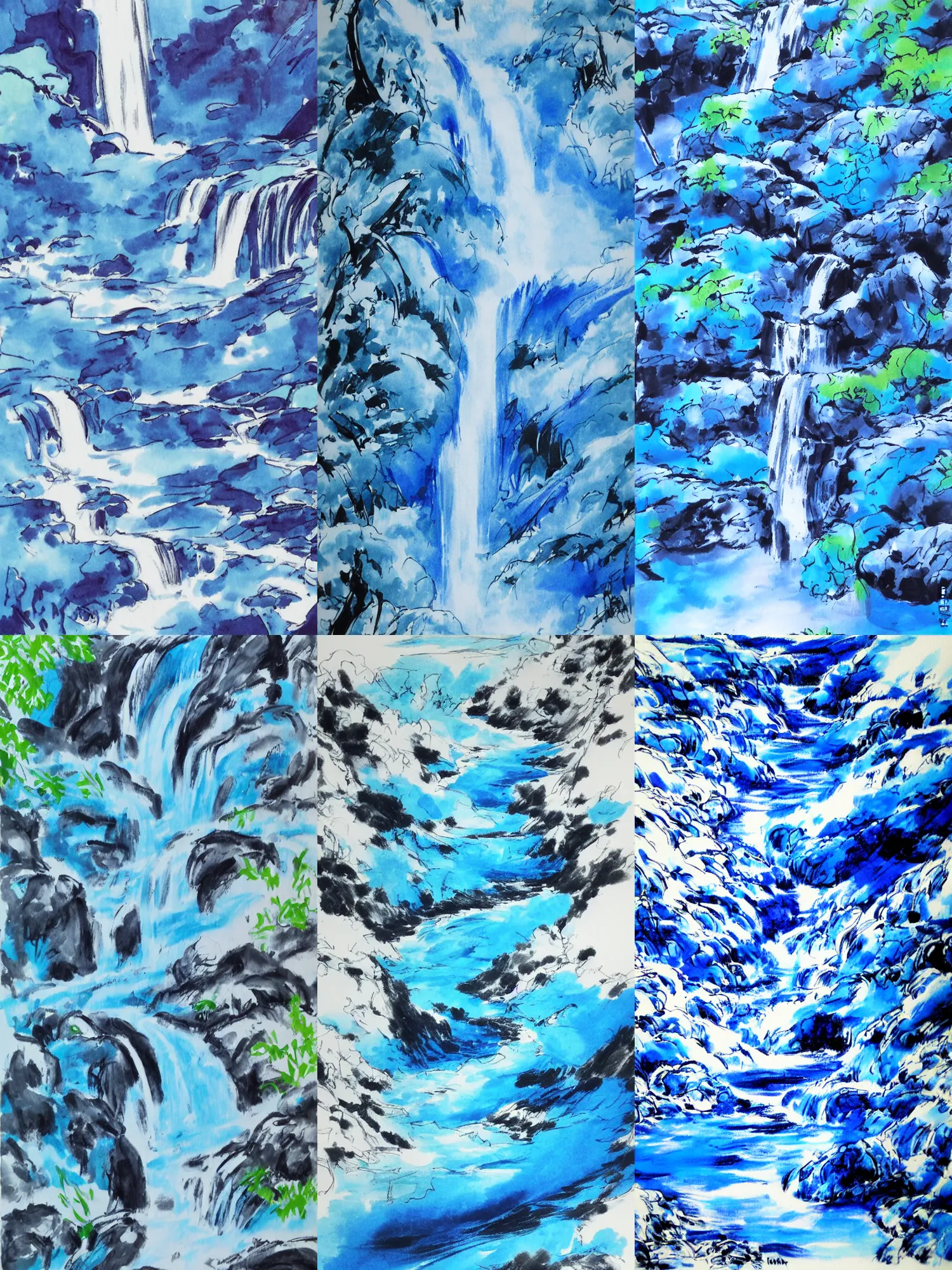 Image similar to an endless waterfall, blue colour splash, painted with a thin brush, detailed sumi-e illustration