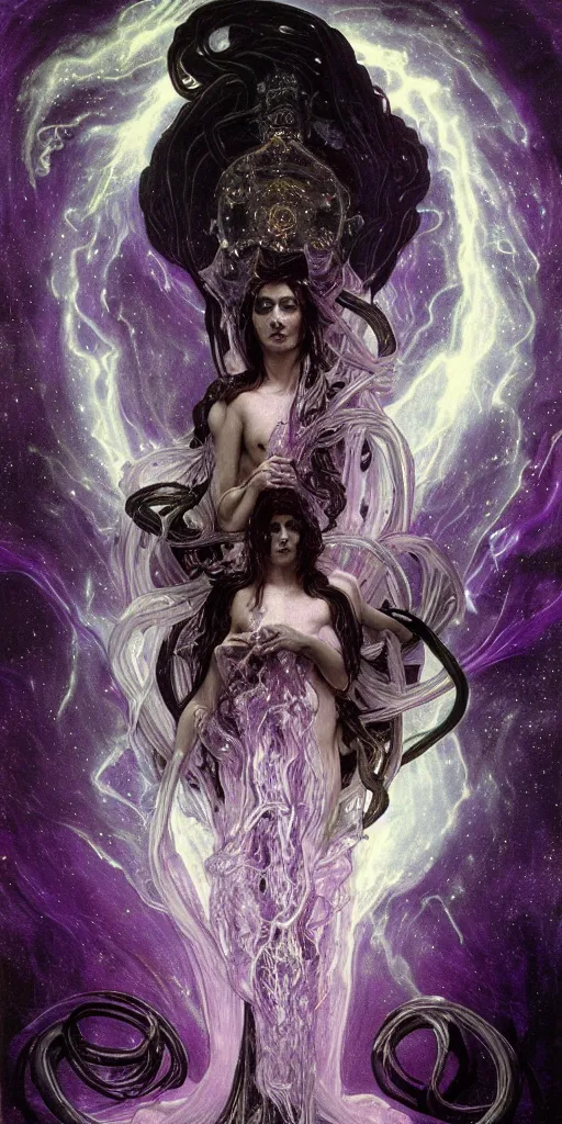 Image similar to intense glowing black metal pagan god with tentacles and intense black eyes in very dark cosmic space nebula by karol bak and alphonse mucha and h r giger, portrait, fantasy, clear, light beams, lens flare, soft, uhd, amazing depth, cinematic lighting, purple and blue and black and white and metallic silver