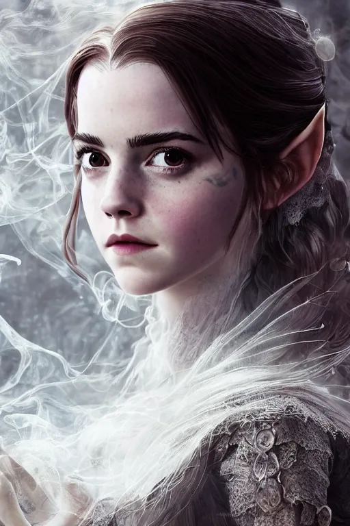 Prompt: a mix of of emma watson, anya taylor - joy and emma stone, evil sorceress elf, lotr, hyperrealism, octane render, extremely detailed, intricate smoke magic, lace, style of mark ryden, earl nore, hyung tae, frank frazetta