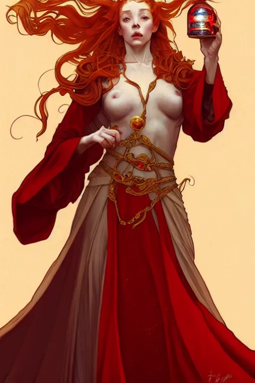 Image similar to a beautiful princess holding a fireball, ginger hair with freckles, wearing long flowing red robes inspired by alphonse mucha, standing on a mountain top with epic clouds and godlike lighting, intricate illustration and highly detailed digital painting. concept art by artgerm. inspired by brom art and larry elmore.