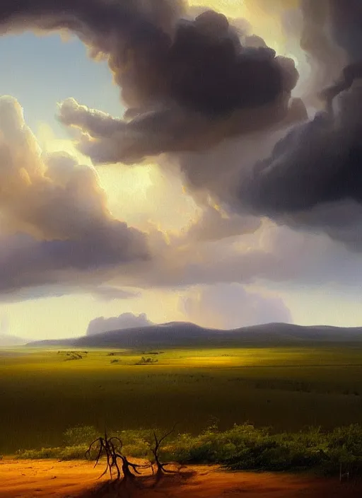 Image similar to painting of a storm coming over a field, a matte painting by rhads, featured on deviantart, hudson river school, apocalypse landscape, apocalypse art, storybook illustration