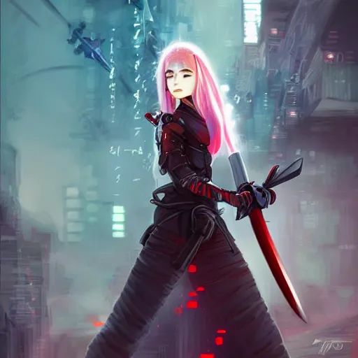 Image similar to Young cyberpunk samurai lady holding a sword, digital painting, anime style, Artstation, by Artgerm