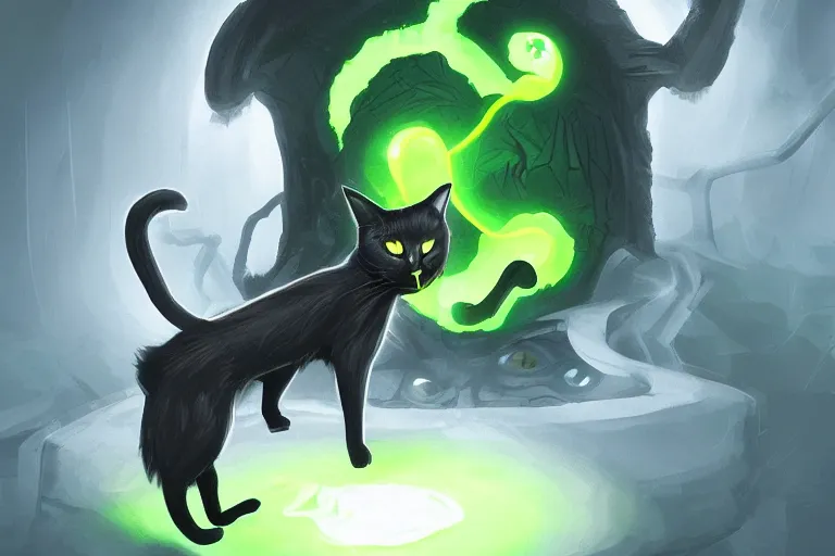 Prompt: black cat with glowing green eyes opening a magic portal to a demon realm, digital illustration, artstation, artstation hq, hd