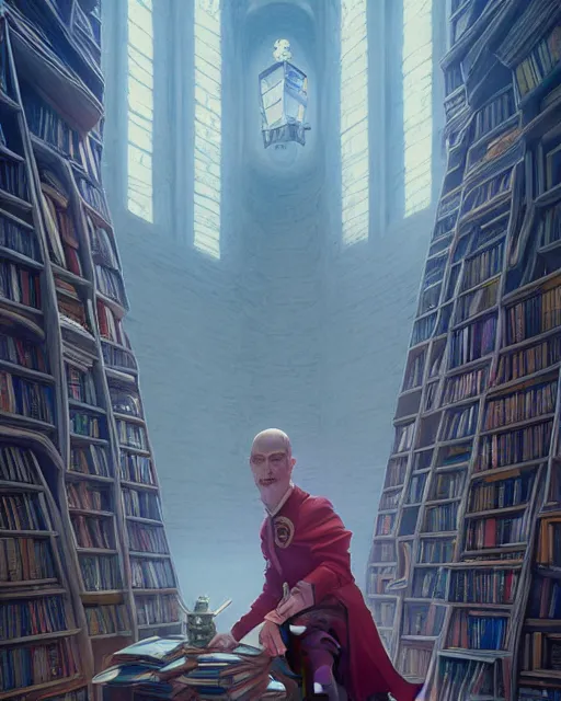 Image similar to highly detailed surreal vfx portrait of a villain in a castle of books, stephen bliss, unreal engine, greg rutkowski, loish, rhads, beeple, makoto shinkai and lois van baarle, ilya kuvshinov, rossdraws, tom bagshaw, alphonse mucha, global illumination, detailed and intricate environment