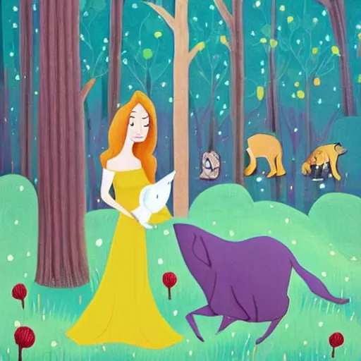 Image similar to offhand, dull by debbie criswell. a beautiful illustration of princess aurora singing in the woods while surrounded by animals. she looks so peaceful & content in the company of the animals, & the colors are simply gorgeous.