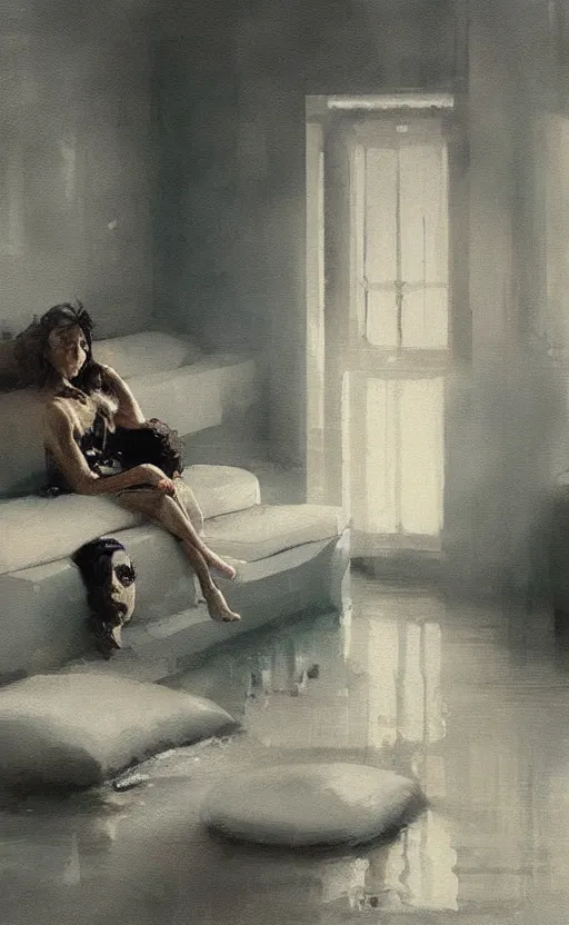 Image similar to “ cinematic composition of a woman sitting in a flooded apartment by zhaoming wu, nick alm, bernie fuchs, hollis dunlap, gregory manchess, james gurney, craig mullins, sparth, octane render ”