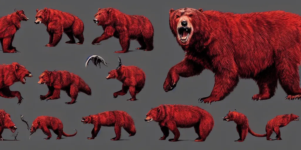 Prompt: Crimson red draconian grizzly bear character design sheet, scaly, demonic, reptilian, white stripes all over its body, Moebius, Greg Rutkowski, Zabrocki, Karlkka, Jayison Devadas, Phuoc Quan, trending on Artstation, 8K, ultra wide angle, zenith view, pincushion lens effect.