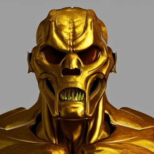 Image similar to portrait of doom gold statue reflect chrome, 8 k uhd, unreal engine, octane render in the artstyle of finnian macmanus, john park and greg rutkowski