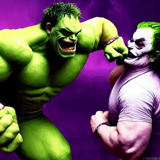 Image similar to green hulk fighting the joker. live action