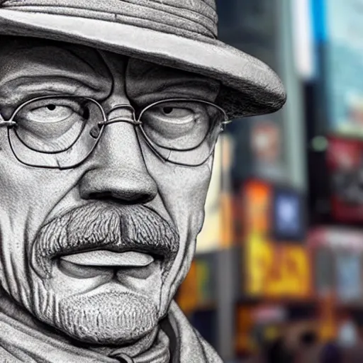 Prompt: a long shot of a very detailed renaissance sculpture of walter white in a hat by michelangelo, standing in times square, 3 d render, hyper detailed, sharp focus, 8 k resolution