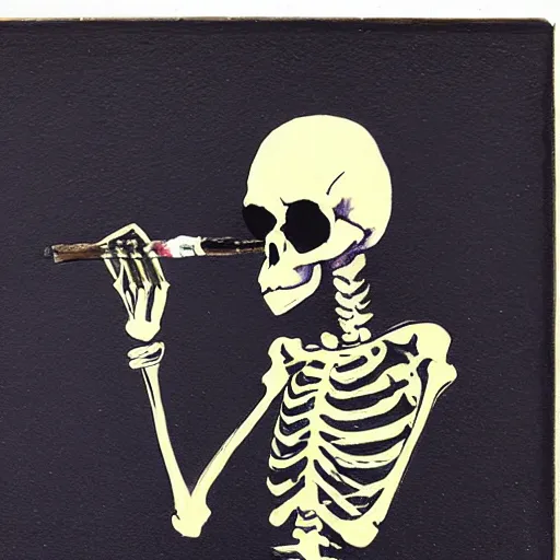 Image similar to A skeleton in a hoodie sitting on the street smoking a cigarette at night, painted with a palette knife