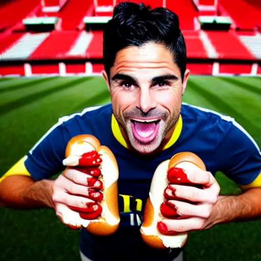 Image similar to a promo portrait of mikel arteta holding a delicious hot dog with mustard and ketchup up to the camera, happy, hyper detailed, fisheye lense, reuters