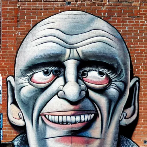 Image similar to A beautiful street art of of a giant head. The head is bald and has a big nose. The eyes are wide open and have a crazy look. The mouth is open and has sharp teeth. The neck is long and thin. intricate by Frank Quitely, by Vito Acconci evocative