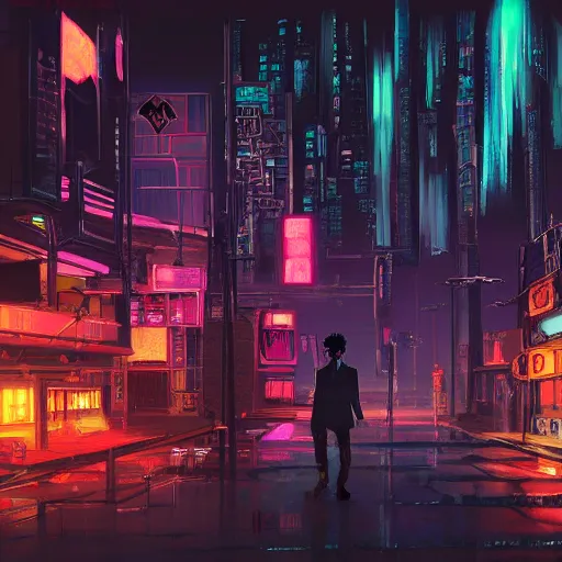 Prompt: Edgar Allan Poe in cyberpunk city at night, concept art