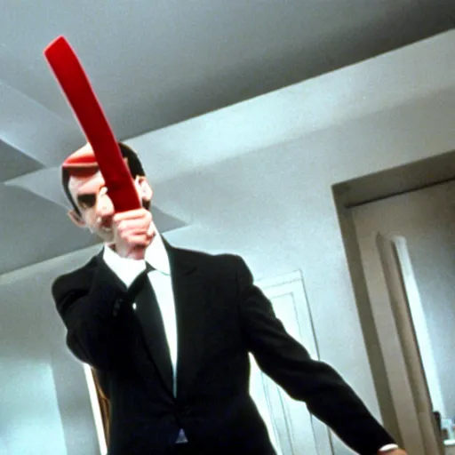 Prompt: Jewish Emmanuel Macron in American Psycho (1999)