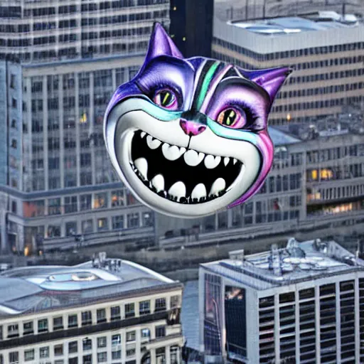 Prompt: gigantic chrome cheshire cat grin! floating over a modern city