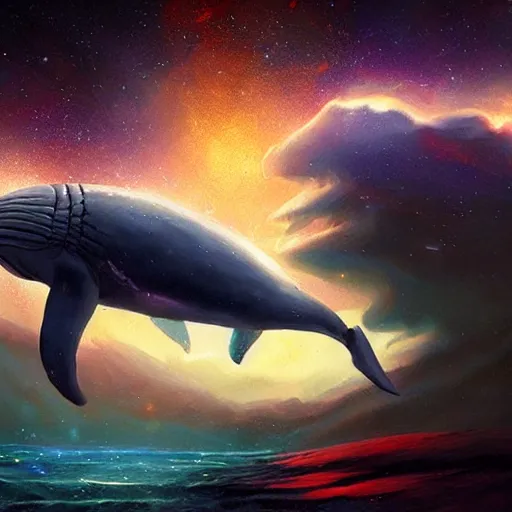 Image similar to space magical whale, galaxy whale, epic fantasy style art, galaxy theme, by Greg Rutkowski, hearthstone style art
