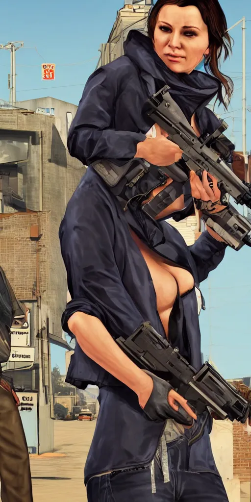 Image similar to sanna marin as a character in gta v cover holding a gun