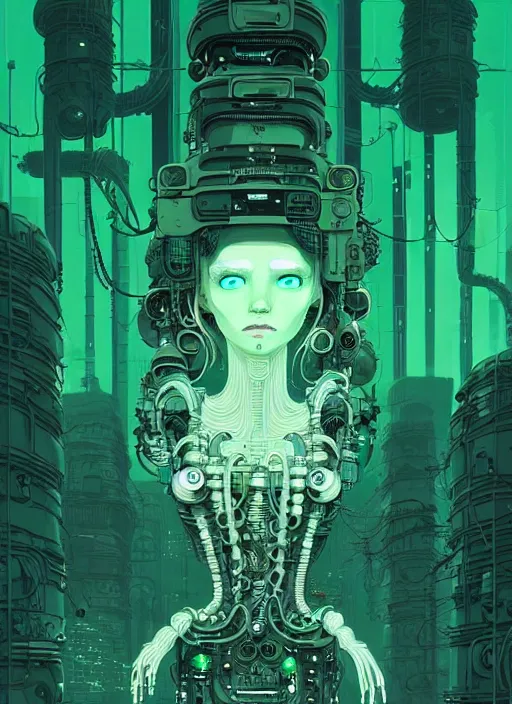 Image similar to highly detailed portrait of a biopunk long curly white hair tribal lady, stray wiring by atey ghailan, james gilleard, by joe fenton, by greg rutkowski, by greg tocchini, by kaethe butcher, 4 k resolution, gradient green, black and white color scheme!!! ( ( green slime robotic dystopian city background ) )