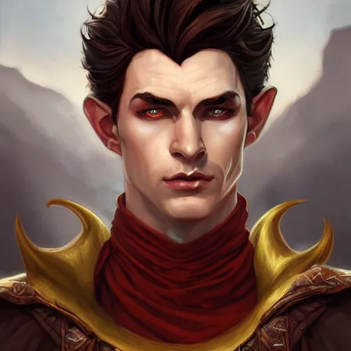 Prompt: an epic fantasy comic book style portrait painting of a male teifling rouge in dark tunic, with medium long dark hair, d & d, fantasy, intricate, elegant, highly detailed, digital painting, artstation, concept art, matte, sharp focus, illustration, art by artgerm and greg rutkowski and alphonse mucha