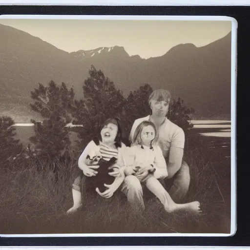 Image similar to family portrait of very happy creepy ugly realistic family, lake mountain landscape , family laughter, hyper detailed realistic polaroid 1975