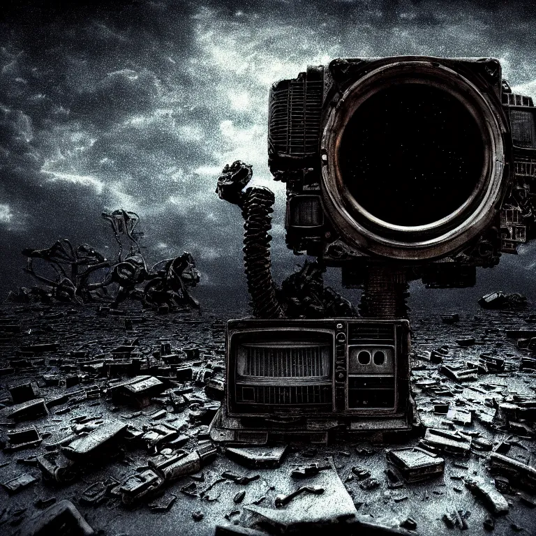 Prompt: symmetrical closeup portrait of surreal mysterious abandoned ribbed broken old crt monitor in the foreground, in wastelands on exoplanet at night, dark clouds, dark washed tint black, dream-like heavy atmosphere, centre composition, dark baroque painting, beautiful detailed intricate insanely detailed octane render trending on Artstation, 8K artistic photography, photorealistic, dramatic cinematic perfect light, harsh flash photography, chiaroscuro, award-winning photograph, masterpiece, Raphael, Caravaggio, Beksinski, Giger