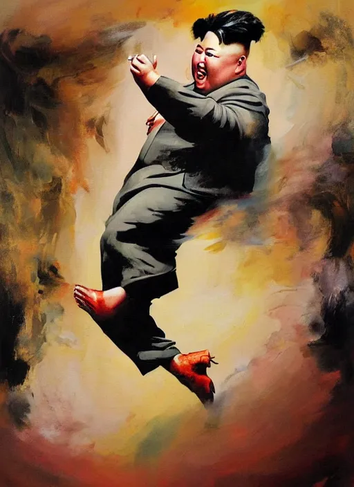 Prompt: kim jong un screaming, fat face, painting by phil hale, fransico goya,'action lines '!!!, graphic style, visible brushstrokes, motion blur, blurry, visible paint texture, crisp hd image