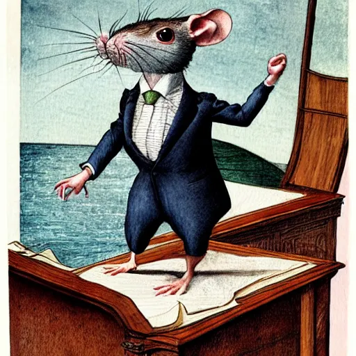 Prompt: a rat is dressed in a suit and stands on the edge of a desk, medium shot, hyper detailed, hyper realistic, by Botticelli, watercolor