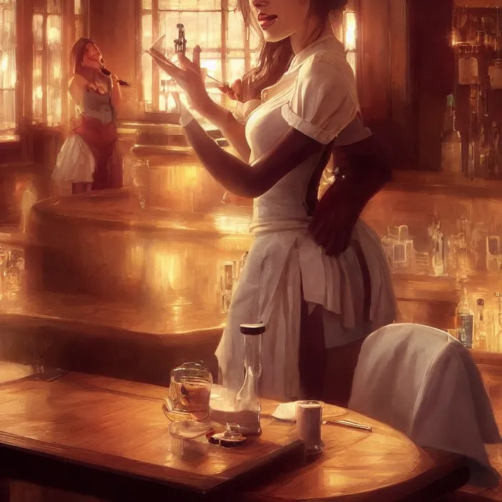 Image similar to a waitress singing on a table in a bar, elegant, real life skin, intricate artwork, high detailed, artstation, concept art, smooth, sharp focus, art by artgerm and greg rutkowski