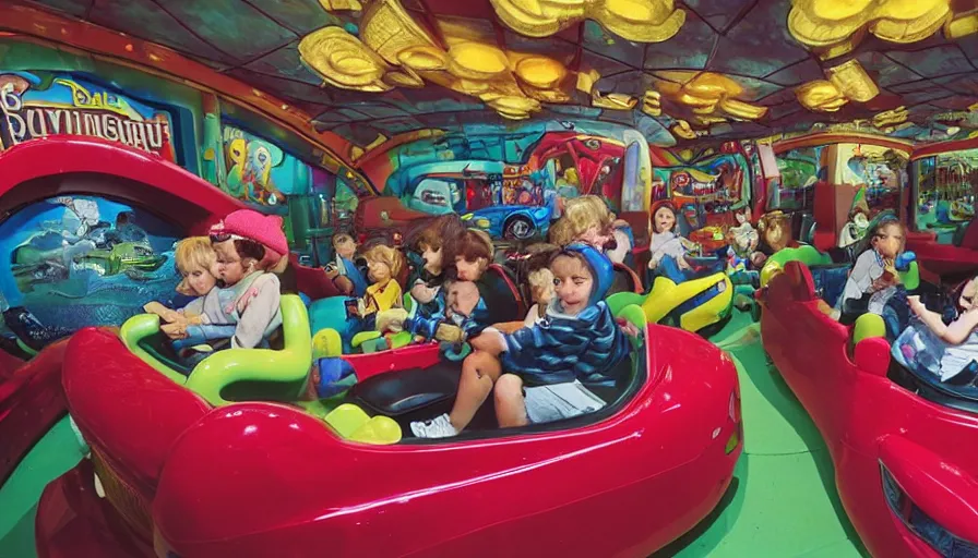 Prompt: 1990s photo of inside the Beanie Baby ride at Universal Studios in Orlando, Florida, children riding in Lamborghini through a Luxurious Mansion, cinematic, UHD