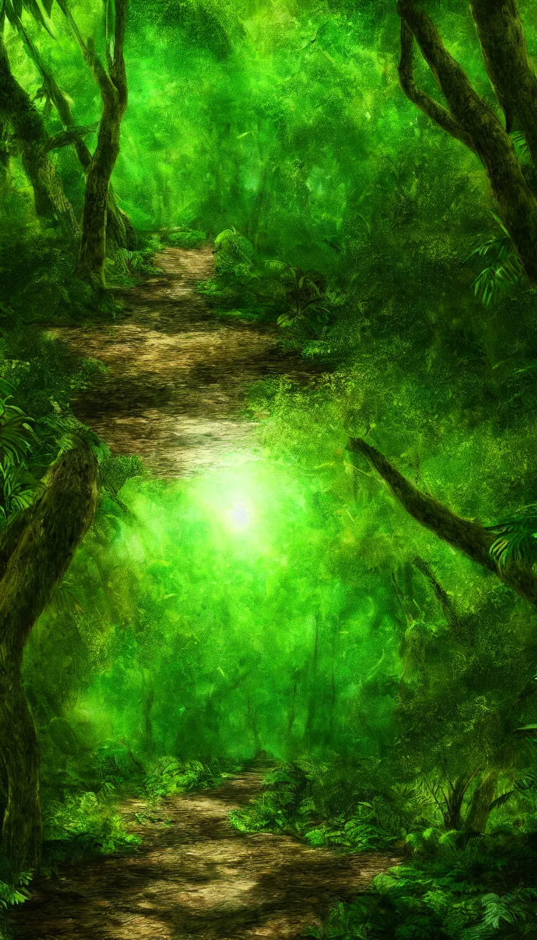 Prompt: highly detailed photo of a path leading through trees of dense jungle, hyper realistic, concept art, 8 k detail post - processing