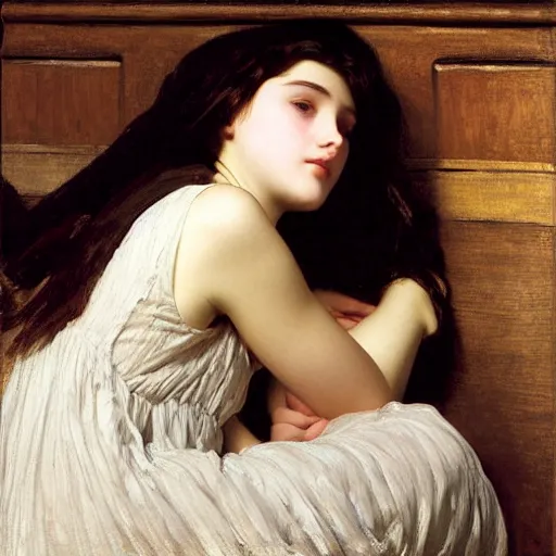 Image similar to a teenage girl lying on the floor, wearing a nightgown, by Frederic Leighton