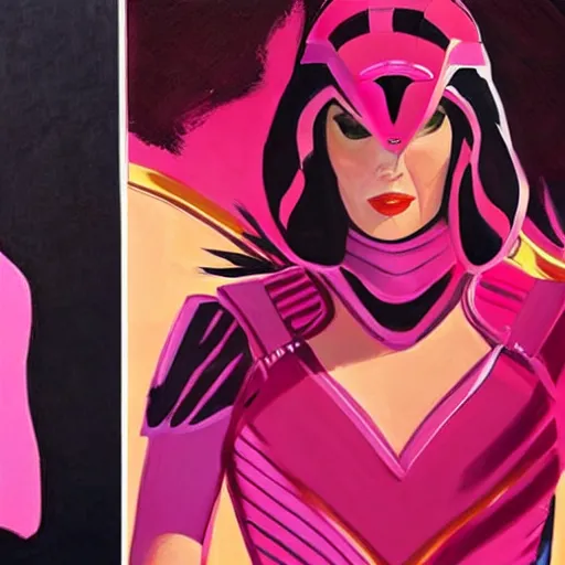 Image similar to a streamline moderne painting of gal gadot as the pink power ranger in the style of keanu reeves, and in the style of michael jackson. symmetry, smooth, sharp focus, semi - realism, intricate detail.