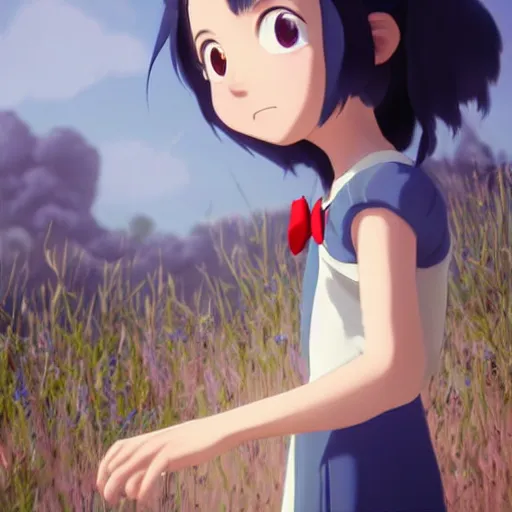 Image similar to a wholesome animation key shot of a girl with long dark blue hair and a fluffy black and white tail, medium shot, studio ghibli, pixar and disney animation, sharp, rendered in unreal engine 5, anime key art by greg rutkowski, bloom, dramatic lighting