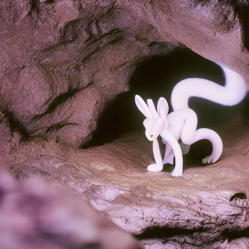 Image similar to national geographic 3 5 mm nature photo of mewtwo in a cave