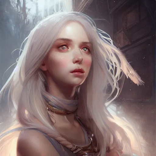 Prompt: a portrait of a beautiful hopeful lady with pretty eyes, beautiful eyes, highly detailed eyes, looking up, looking up, light smiling, art of wlop and greg rutkowski, intricate, high details, eyes, epic fantasy art, cgsociety, trending on artstation, bright light masterpiece, ray of light through white hair