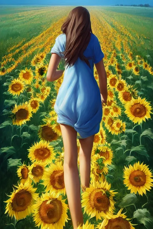 Prompt: a girl slowly walking through amazing tall sunflower field, hair flowing, fanart, by concept artist gervasio canda, behance hd by jesper ejsing, by rhads kuvshinov, rossdraws global illumination radiating a glowing aura global illumination ray tracing hdr render in unreal engine 5, tri - x pan stock, by richard avedon