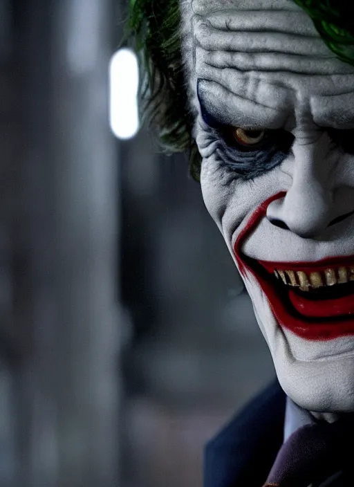 Image similar to film still of Willem Dafoe as The Joker in The Dark Knight, 4k