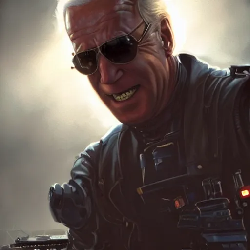 Image similar to joe biden as the terminator, dramatic lighting, cinematic, establishing shot, extremly high detail, photorealistic, cinematic lighting, artstation, style by James Gurney