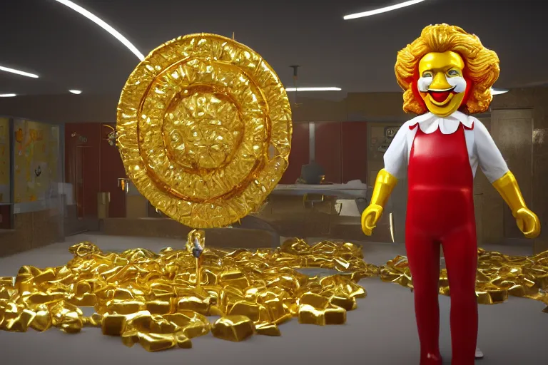 Image similar to a still of ronald mcdonald surrounded by gold and diamonds, award - winning, photograph, 3 d render, unreal engine, 4 k detailed