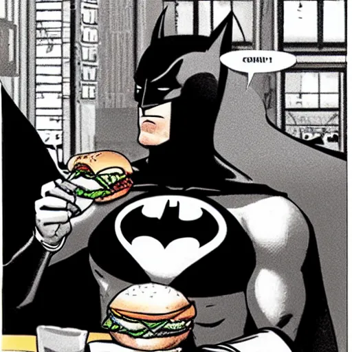Image similar to Batman eating a burger at McDonalds