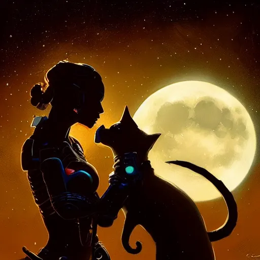 Image similar to A female cyborg kissing a tabaxi, silhouetted by a gigantic Moon, fantasy art by Greg Rutkowski