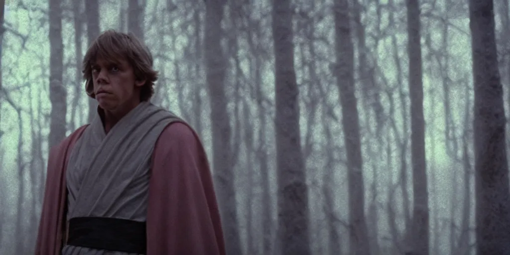 Image similar to screenshot of Luke Skywalker in dark jedi robe is lost on a surreal pink planet with black trees, minamilist 1970s sci fi film by Stanely Kubrick film, color kodak, Ektachrome, anamorphic lenses, detailed faces, hyper-realistic, photoreal, detailed portrait, moody award winning cinematography, beautiful lighting